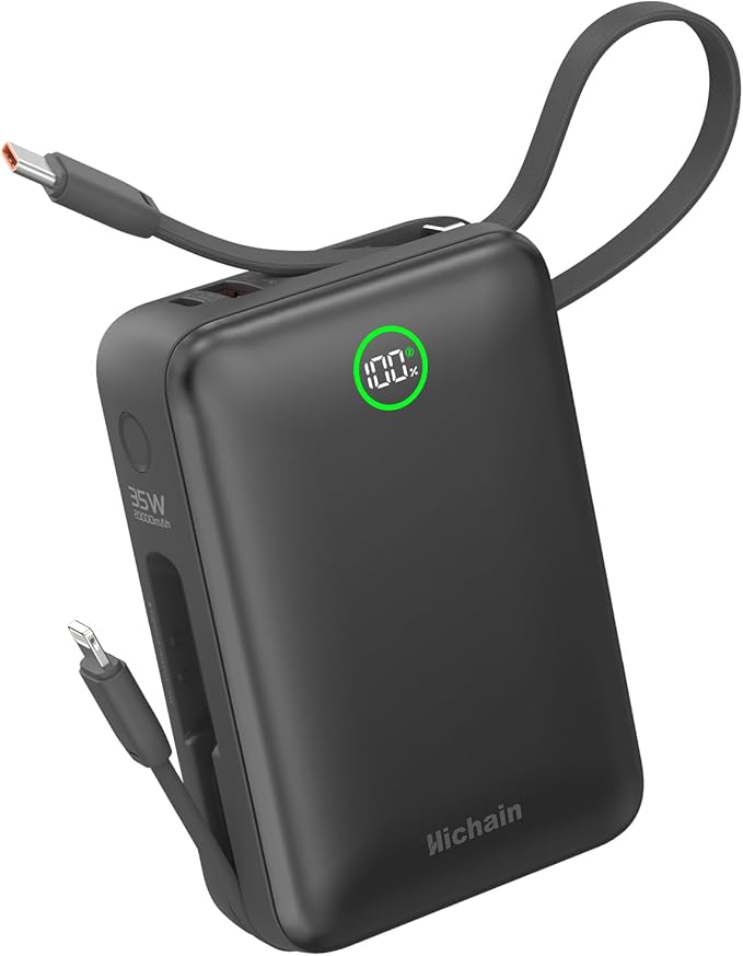 Hichain 20,000mAh 35W Power Bank Fast Charging Portable Charger for iPhone 17/16/15/14/13, iPad, Android, LED Display 4 Outputs Battery Pack Built in Dual Cables Portable Travel Charger Gray