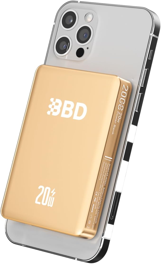 BBD 12000mAh Magnetic Portable Charger Power Bank for iPhone,1 Pack 20w Fast Charging Wireless Power Bank with USB C Cable in&Out Put Magsafe Battery Pack for iPhone 16 15 14 Magsafe Accessories Gold