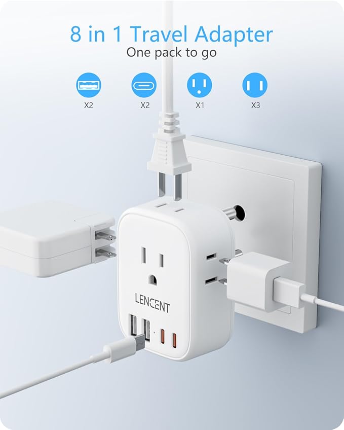 LENCENT US to India Power Plug Adapter, Indian Travel Adaptor with 4 Outlets, 4 USB Ports(2 USB C), Type D Plug Converter for USA to India Nepal Bangladesh Maldives Pakistan, Safe Grounded