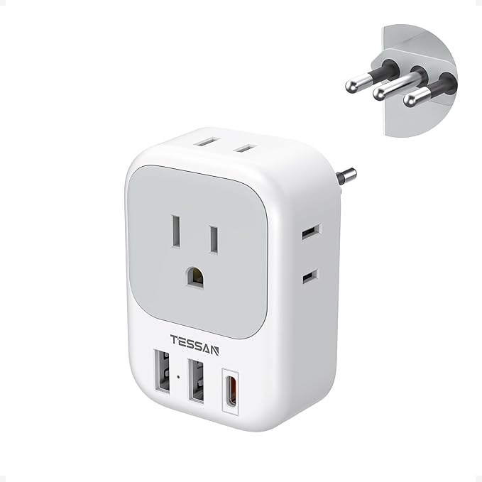 Italy Travel Plug Adapter PD 20W, TESSAN Type L Adapter for Travel with 4 Outlets 3 USB Ports (1 USB-C), Power Adaptor for US to Italy Chile Rome Uruguay Milan Libya