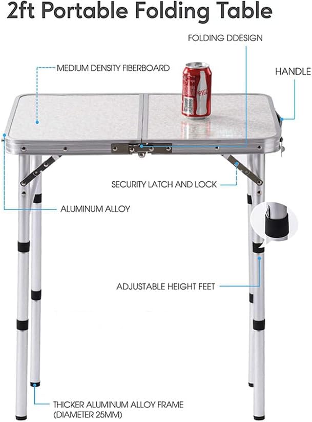 YUFIFAIRY Folding Table Small, 24''L x16''W Camp Aluminum Table with Adjustable Height Legs, Indoor Outdoor Lightweight Portable Folding Aluminum Dining Table for Picnic Camping 2-Feet（10"/19"/27）