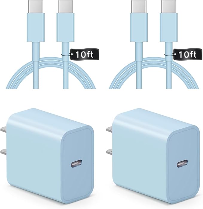 iPhone 17 16 15 Charger Fast Charging 10FT - 20W USB C Charger Block with 10FT Type C to C Cable Compatible with iPhone 17/17 Pro/17 Pro Max/Air/16/16e/15, iPad Pro, iPad Air (Blue)