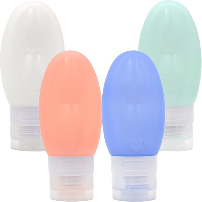 4pcs 90ml Silicone Refillable Travel Bottles for Toiletries, Leak Proof Shampoo Container Set with Peach Pink, White, Light Green, Sky Blue for Portable Personal Care