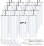 16 Pack Sublimation Tumblers Straight Skinny Tumbler Blanks Bulk 20oz for Heat Transfer, Individual Gift Boxed, Double Wall Insulated Tumbler with Shrink Wrap & Straws