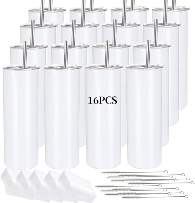 16 Pack Sublimation Tumblers Straight Skinny Tumbler Blanks Bulk 20oz for Heat Transfer, Individual Gift Boxed, Double Wall Insulated Tumbler with Shrink Wrap & Straws