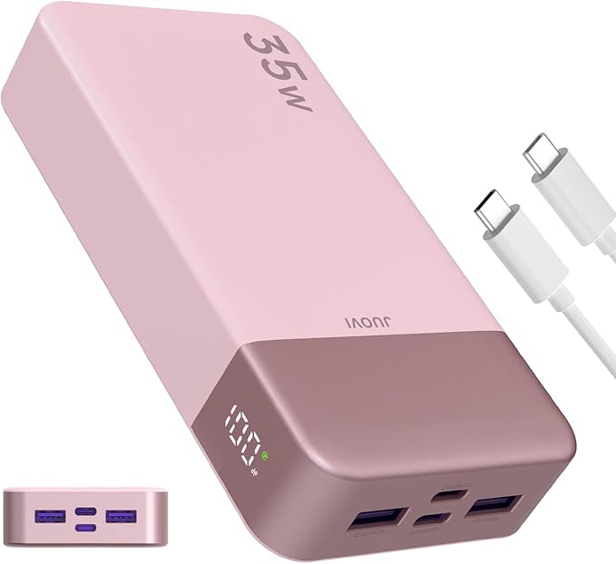 JUOVI J2651 Portable Charger, 35W 20000mAh USB C in & Out Power Bank, Battery Pack with QC4.0+PD3.0 35W High-Speed Charging for Bluetooth Earbud, Mobile Phone, Tablet (Pink)