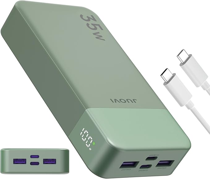 JUOVI J2651 Portable Charger, 35W 20000mAh USB C in & Out Power Bank, Battery Pack with QC4.0+PD3.0 35W High-Speed Charging for Bluetooth Earbud, Mobile Phone, Tablet (Green)