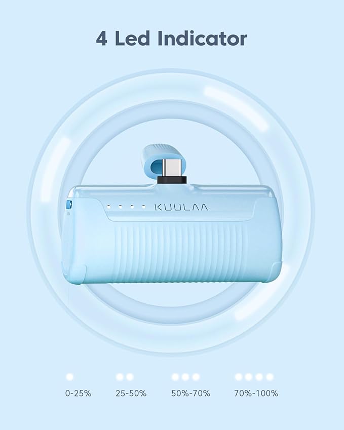 Kuulaa Portable Charger USB C with Built-in USB-C Plug, 4500mAh Mini Power Bank Small Battery Pack for iPhone 15/16,Samsung S22/S23 & Android (Blue)