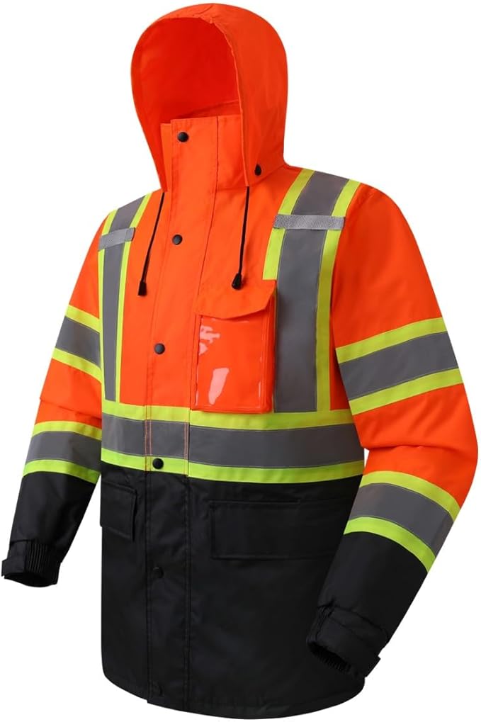 JKSafety Hi-Vis Reflective Safety Rain Jacket for Men Women Waterproof Rain Gears for Farming Fishing Work HV Rain Jacket with Inner Mesh Lining and Pockets (117A-OBlk L)