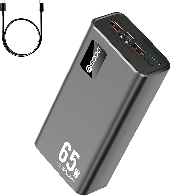 PSOOO Portable Charger 27000mAh 65W PD Fast Charging Power Bank, 3-Port External Battery Pack with LED Flashlight, Compatible with iPhone, Samsung, MacBook, Tablet, Travel & Outdoor Use (Black)