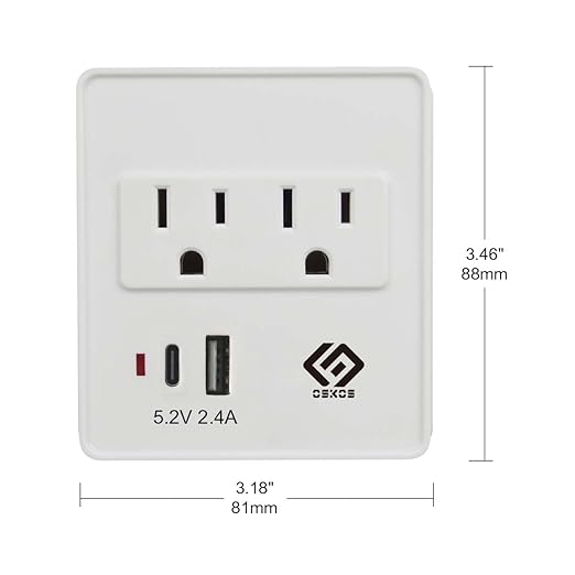 OSKOS Outlet Extender, Wall Surge Protector, 2 Outlets with 2.4A Two USB Ports (1A1C), Wall Mount Adapter with Top Phone Holder, 280 Joules, UL Listed