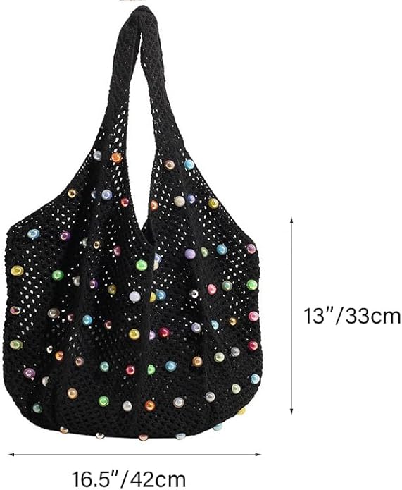 Boho Crochet Beach Tote Shoulder Bag with Colored Beads | Colorful Aesthetic Hippie Knit Bag for Women