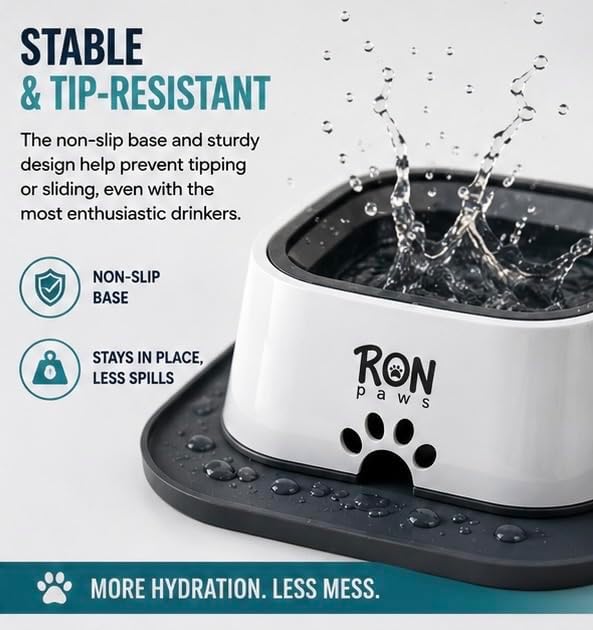No Spill Dog Water Bowl with Silicone Mat - Spill Proof Slow Drinking Bowl for Home, Car & Travel - Mess-Free Water Bowl for Dogs
