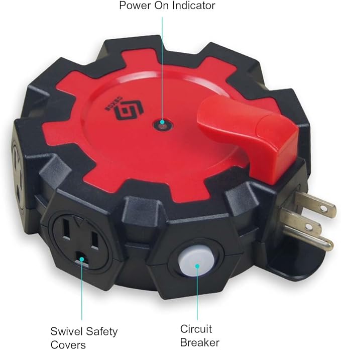 OSKOS 6-Grounded-Outlet Power Hub with Swivel Safety Cover (UL Certified), Outdoor Use, Resettable 15A Circuit Breaker, 25FT Extension Cord with Locking Outlet (ETL Listed). Combo Pack.
