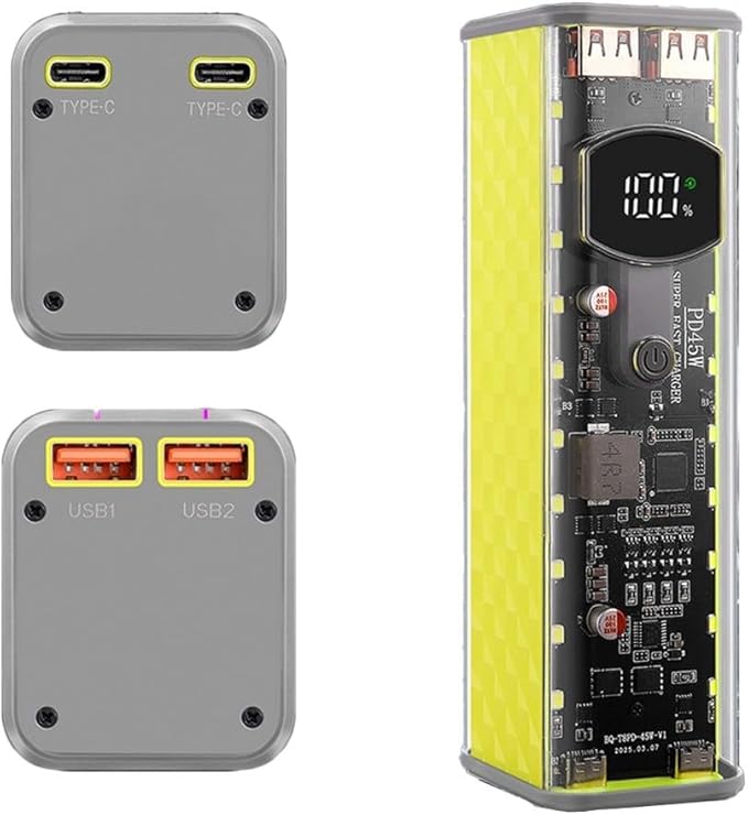 Portable Solder-Free Power Bank Case 22.5W 45W Transparent DIY Battery Box with Fast Charging for Cells Multi-Output Stable Voltage Multiple Protocols 160x57mm for DIY Enthusiasts Travel(black 45W)