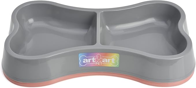 Set of 2 Lightweight Small Dog Puppy Cat Food and Water Bowls 6 oz Double Pink Plastic Portable Outdoor Travel Dish (Pink and Gray Set)