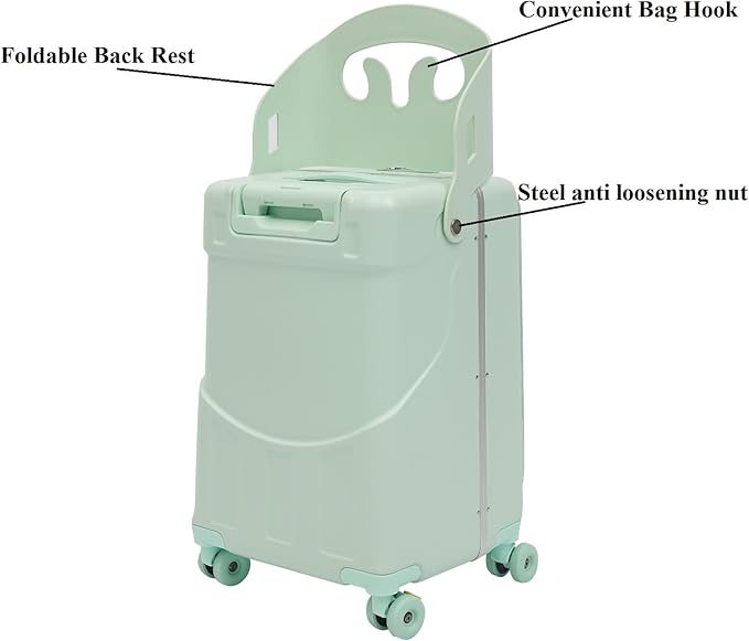 CNCEST 22" Kid's Ride-on Luggage with Foldable Seat,Travel Carry On Trolley Case for Kids,Children's Ride On Top Opening Suitcase with Password Lock (StyleA, Green)