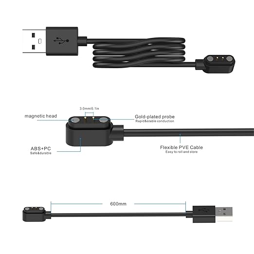 [3-Pack] Smartwatch Charger, 2-Pin Magnetic Charging Cable for IDW13/15/16/17/19/21/23/25/26/28, ID208, GTX20, Compatible with VeryFit/VeryFitPro App Models Smart Watch, Black