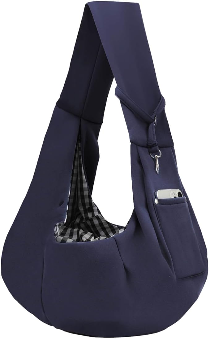Dog Carrier Sling - Reversible Puppy Carrier Purse with Storage Pocket, Hand-Free Dog Sling Carrier for Carry Small Dogs and Cats, Travel Safety Harness, Dog and Cat Harness (Dark Blue)