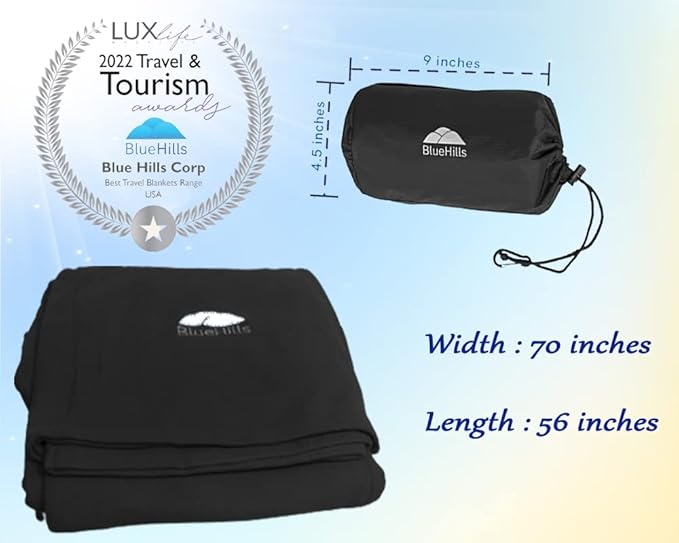 BlueHills Premium Soft Ultra Compact Travel Blanket Value Pack Set of 2 - Airplane Traveling Essentials Flight Blanket Throw in a Portable Bag Car Plane Travel Gift Black and Peacock T