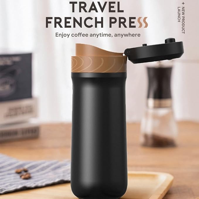 Sesama Classic Portable French Press Coffee Mug 12 oz with Carry Loop, Stainless Steel French Press Coffee Maker, BPA Great for Camping and Travel