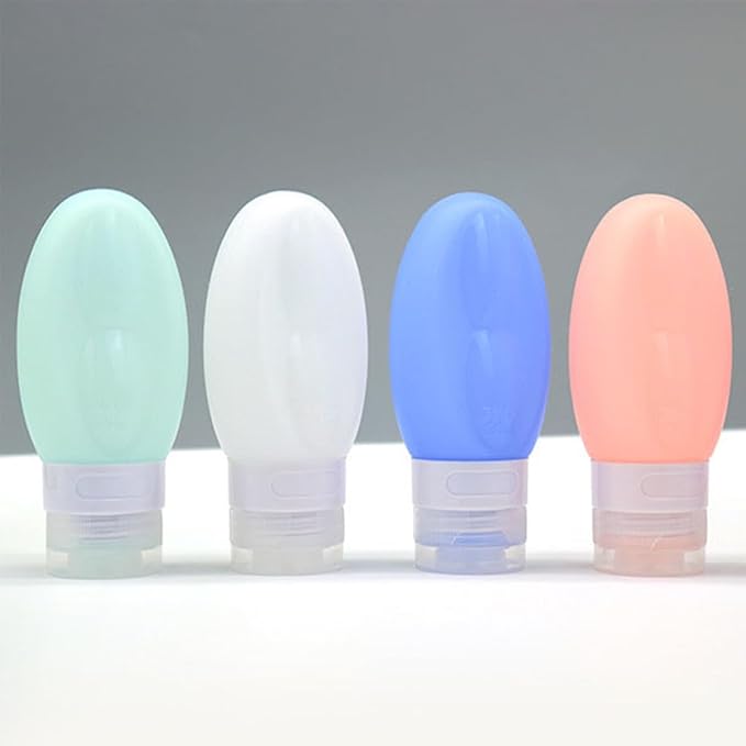 4pcs 90ml Silicone Refillable Travel Bottles for Toiletries, Leak Proof Shampoo Container Set with Peach Pink, White, Light Green, Sky Blue for Portable Personal Care