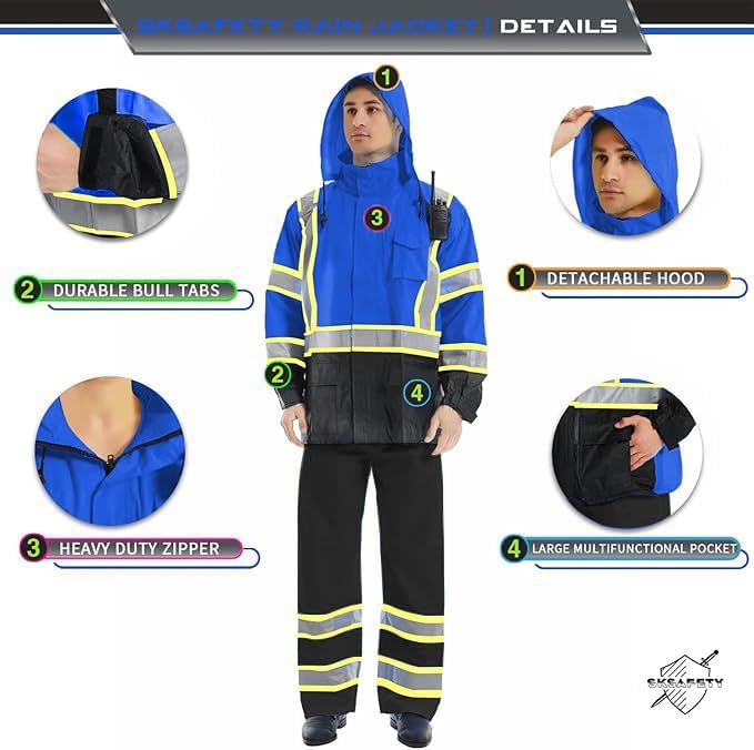SKSAFETY Hi Vis Safety Rain Jacket for Men, Construction Work Rain Gear Heavy Duty Class 3 Rain Coat Waterproof Lightweight