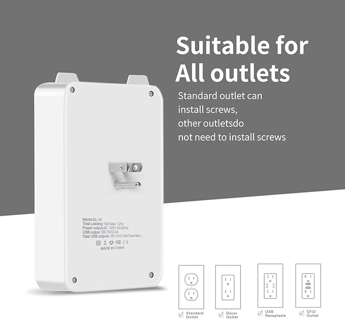 Surge Protector Outlet Extender, 6 AC Outlets & 2 USB-A & 1 USB-C Ports (3A), ETL Listed, Triple-Sided Wide-Spaced, 125V 1875W, Flame Retardant for Home Office Kitchen Travel