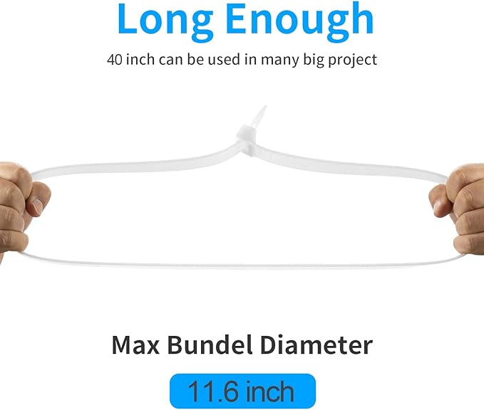 Armpow 40 inch White Zip Ties Heavy Duty 15 PCS, 440 LBS Ultra Exclusive Strong Plastic Wire Ties, Large Cable Ties Extra Long Tie Wraps, Indoor and Outdoor UV Resistant