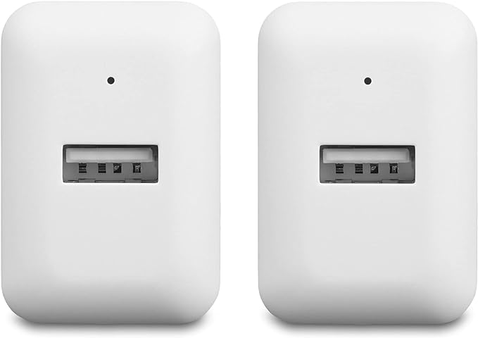 Amazon Basics 12W One-Port USB-A Wall Charger (2.4A), Portable, for Phones (iPhone 16/15/14/13/12/11/X, Samsung, and more), 2-Pack, White