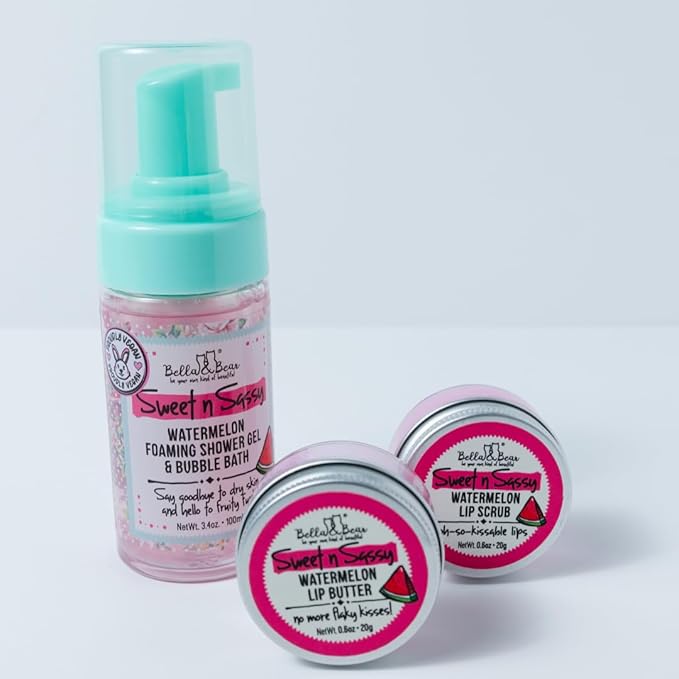 Bella & Bear Sweet 'n' Sassy Mini Spa Gift Set for Women & Teen Girls – Bath & Body Travel Gift Set with Shower Gel, Body Scrub, Lip Scrub & Lip Butter
