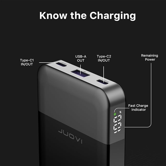 JUOVI Power Bank Fast Charging 10000mAh 35W Portable Charger Small Battery Pack with PD 3.0 & QC 4.0 Type-C USB-A Input Output Lightweight Phone Charger Compatible for iPhone Samsung iPad