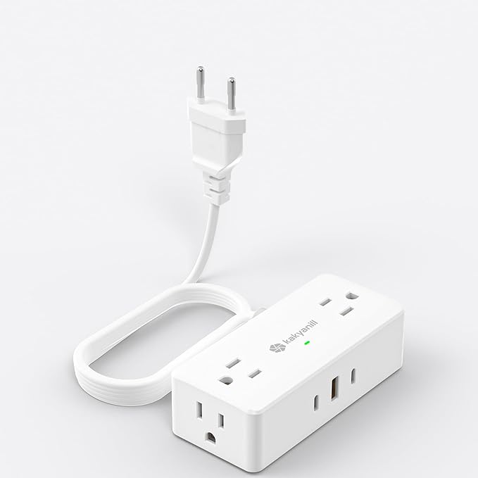 Kakyanill European Travel Plug Adapter, Italy Power Adapter, 4 AC Outlets, 3 USB Ports (2 USB C), 5ft Flat Extension Cord, for Italy Chile Libya
