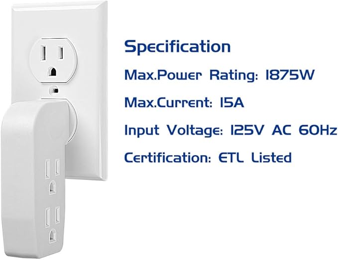 3 Way Vertical Outlet Wall Tap Outlet Splitter Extender with 3 Prong Plug for Behind Furniture, Turn One Outlet Into Three, 2 on the Right Side and 1 on the Left Side, White, ETL Listed