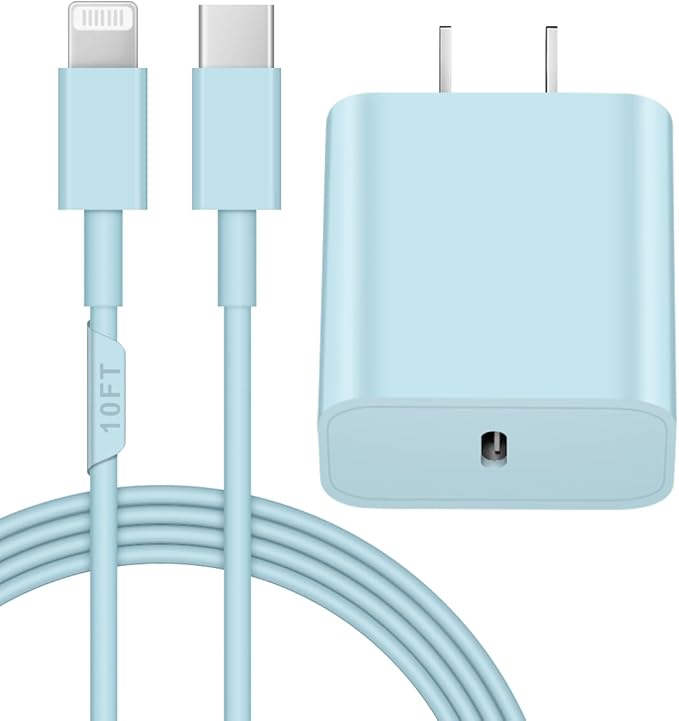 10FT iPhone 14 13 12 Charger Fast Charging 20W PD USB C Wall Charger with 10FT Fast Charging Cable Compatible iPhone 14/13/12/11/Pro/Pro Max/Mini/Xs Max/XR/X, iPad - Blue