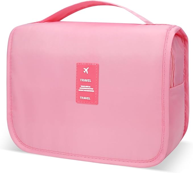Lcsmaokin Large Capacity Toiletry Bag Travel Bag with Hanging Hook for Men and Women Waterproof Travel Cosmetic Bag Bathroom Storage Bag for Brushes Set, Full-Sized Shampoo,Accessories(Pink)