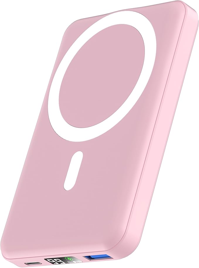 podoru for Magsafe Power Bank, 10000mAh Magnetic Portable Charger with 22.5W PD Fast Charging USB-C Cable LED Display Wireless Battery Pack for iPhone 17/16/15/14/13/12 Series-Pink