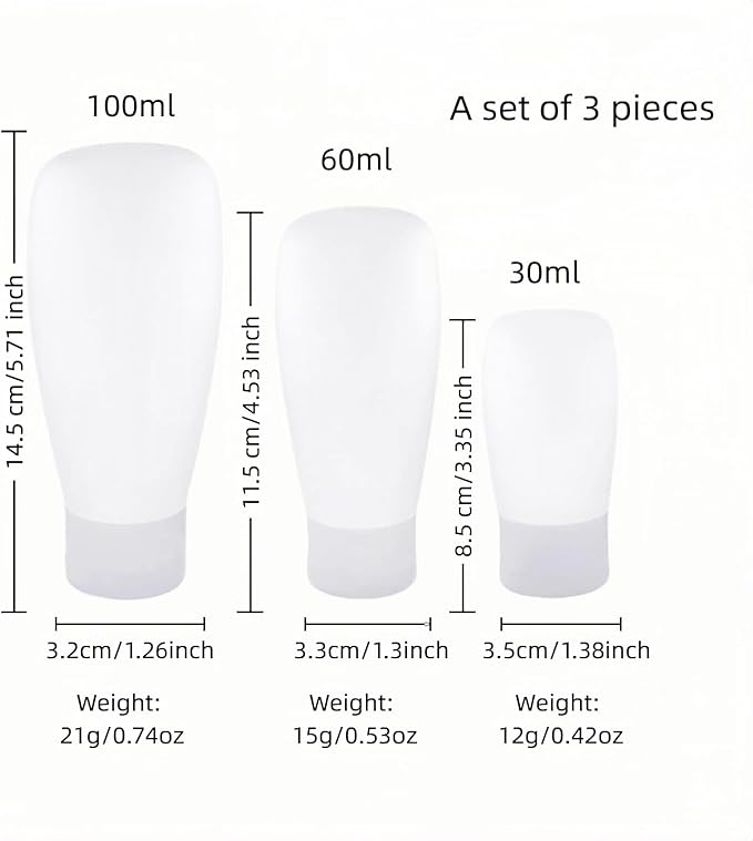 Chinshwehaw Portable Travel Bottles Set, Silicone Squeeze Containers, White, 3-Pack (30ml, 60ml, 100ml), Leakproof, Wide Mouth Design, BPA-Free, TSA Approved for Toiletries, Shampoo, Lotion (White)