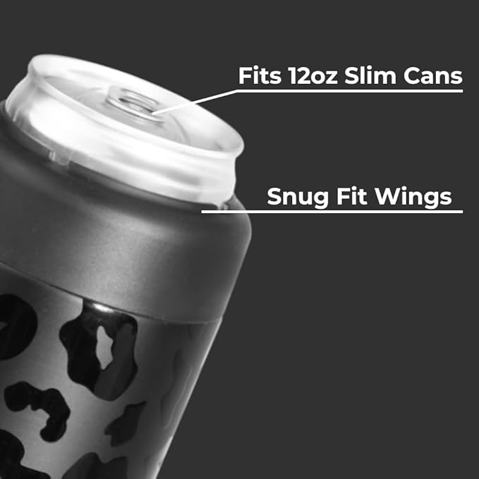HydroJug Slim Can Cooler - 2-in-1 Insulated Can Cooler Cup - Stainless Steel Slim Can Holder with Non-Slip Rubber Base - Screw-Top Lid - Dishwasher Safe - 12oz, Black Leopard