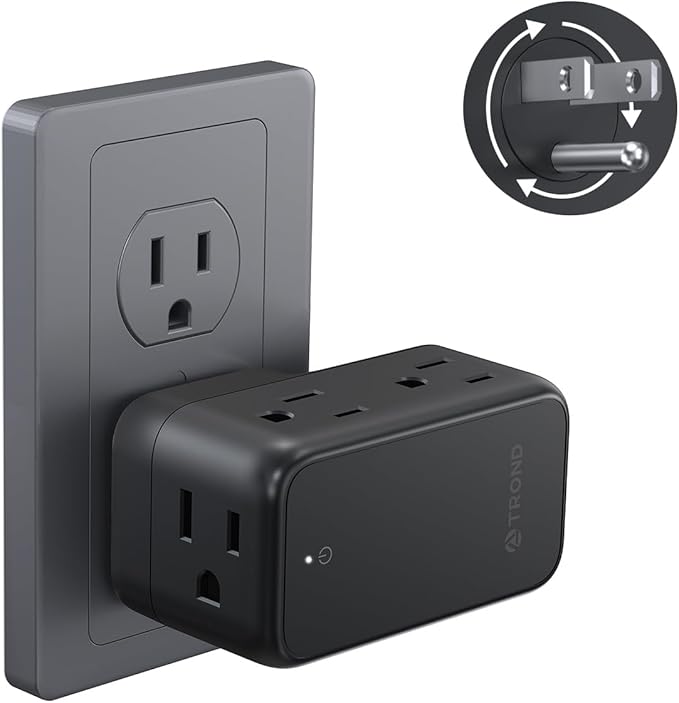 TROND Outlet Adapter with 360 Rotating Plug, 6 AC Outlet Extender, Turn One into Multiple Sideways Plug Splitter, Black Wall Power Adapter Goes Well with Dark Wall Decor, Suit for Garage Room