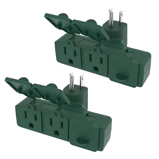 Outdoor Plug Extender, 3 Outlet Splitter with Safe Cover, Heavy Duty Waterproof Multi Plug for Christmas & Holiday Decorations, 1875W/15A ETL Listed, Green, 2 Pack