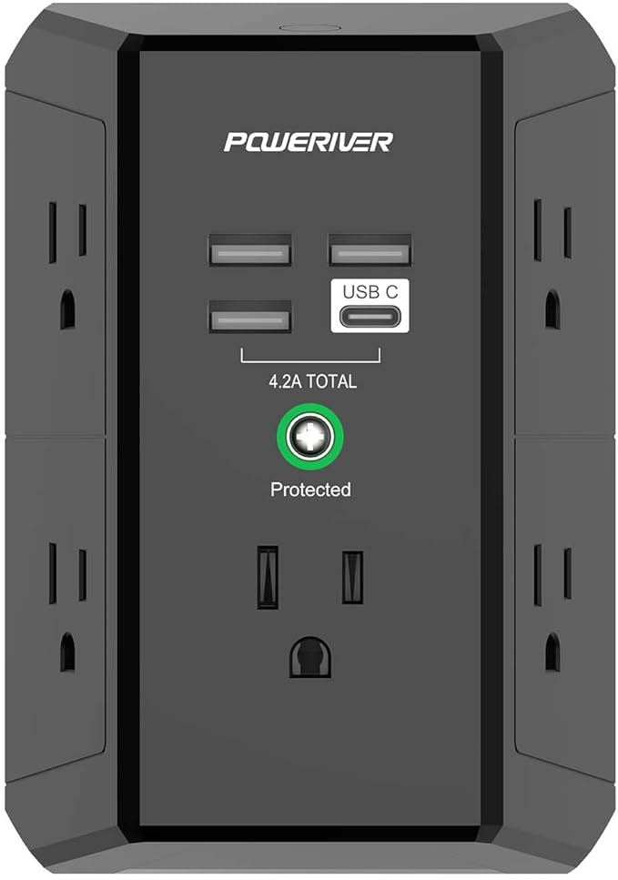 Multi Outlet Extender Surge Protector - POWERIVER Multi Plug Wall Outlet with 5 AC Outlets and 4 USB Ports(1USB C), 1680 Joules, Outlet Splitter for Home School Office, ETL, Black