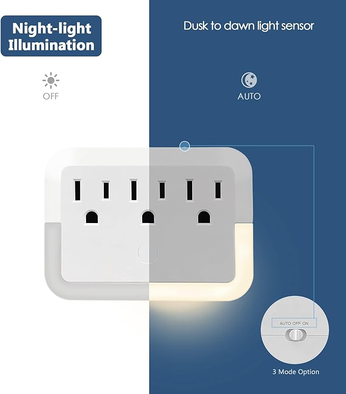 Multi Plug Wall Mount Outlet Adapter, Outlet Extender with Light-Sensing,Power Strip with Warm Night Light for Home Office Hotel Travel-White(1 Pack)