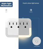 Multi Plug Wall Mount Outlet Adapter, Outlet Extender with Light-Sensing,Power Strip with Warm Night Light for Home Office Hotel Travel-White(1 Pack)