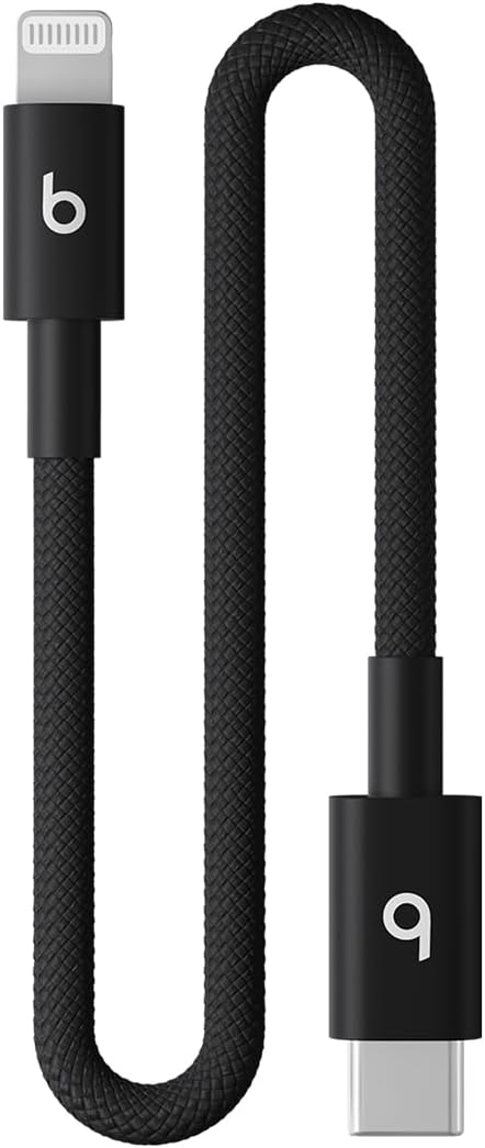 Beats USB-C to Lightning Woven Short Cable Fast Charging Durable/Tangle-Free Compatible Charger for Apple Devices w Lightning Ports (8 in, 20 cm) - Bolt Black