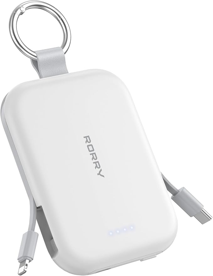 RORRY CharmGo Portable Charger, 5000mAh Portable Charger Power Bank with Built-in Cables, Travel Keychain Charger Battery Pack for iPhone 17/16/15/14/13/12, for AirPods 2/3/4/Pro, White