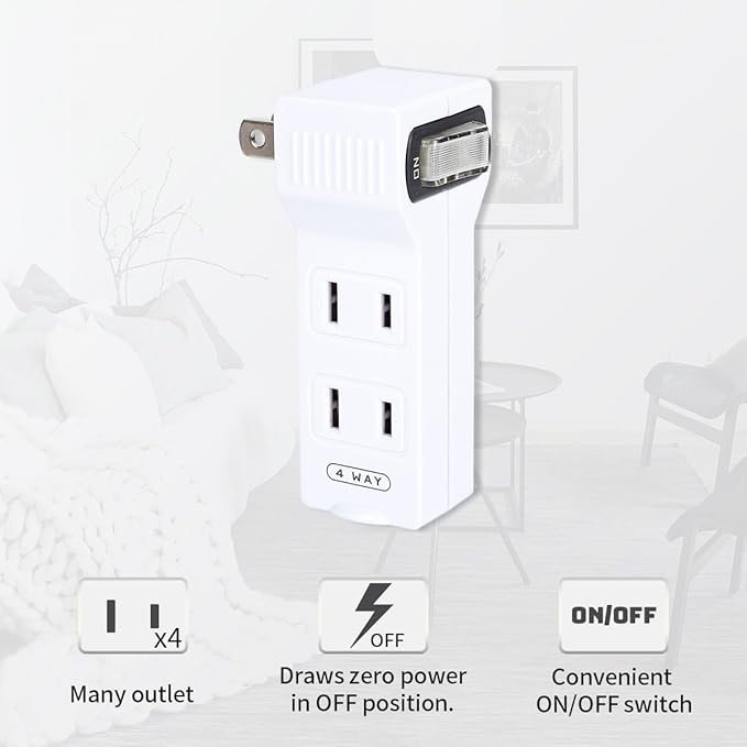 SYCON 4 Outlet Wall Adapter with A Power Switch and Night Light, 2-Prong Extender Adapter Plug with 4 Electrical Outlets for Travel Home Hotel Office-White 1 Pack