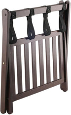 Furnifact Solid Wood Luggage Rack for Guest Room with Foldable Design, Lower Shoe Shelf, Thick Nylon Straps, and Cappuccino Finish, Elegant Suitcase Stand