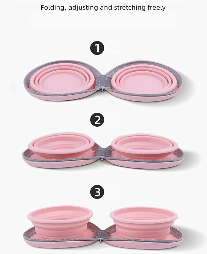 Collapsible Dog Bowls,2-in-1 Pet Bowls with Zipper Carrying Case and Carabiner Clip for Traveling Hiking Camping Walking,Pink