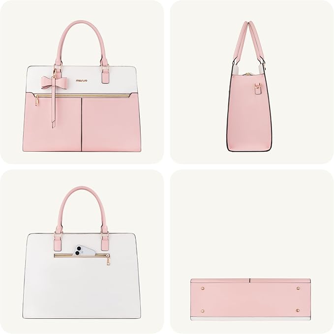 MOSISO Laptop Tote Bag for Women, 15.6 inch Waterproof PU Leather Work Bag with Clutch Purse & Bowknot, Large Capacity Handbag Shoulder Computer Bags Work Briefcase for Business Teacher Office, Pink
